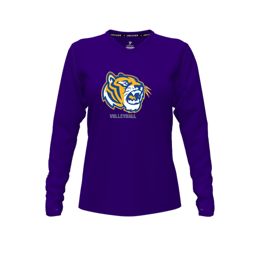 [CUS-DFW-TEES-CMF-VNK-LSL-PUR-FYXS-LOGO2] Decker Comfort T-Shirt (Female Youth XS, Purple, V Neck, Logo 2, Long Sleeve)