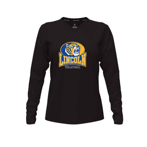 [CUS-DFW-TEES-PER-VNK-LSL-BLK-FYXS-LOGO3] Decker Performance T-Shirt (Female Youth XS, Black, V Neck, Logo 3, Long Sleeve)