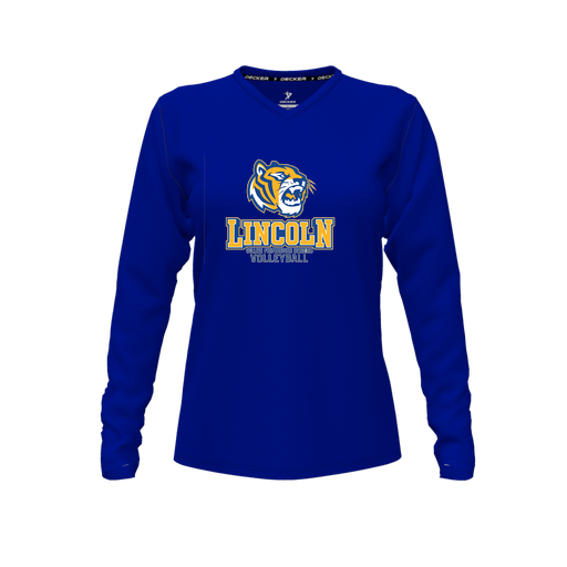 [CUS-DFW-TEES-PER-VNK-LSL-RYL-FYXS-LOGO1] Decker Performance T-Shirt (Female Youth XS, Royal, V Neck, Logo 1, Long Sleeve)