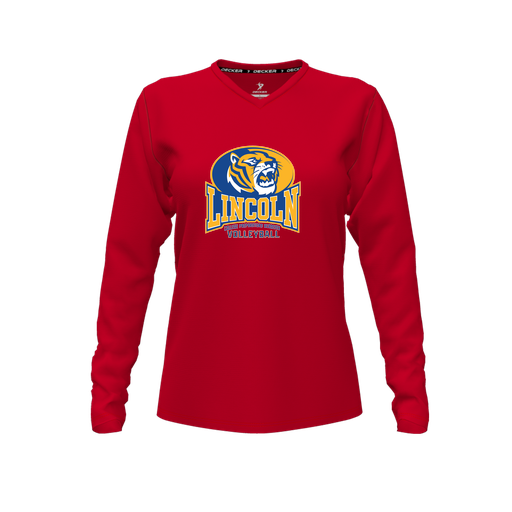 [FTLVPTRD-FYXS-LOGO3] Decker Performance T-Shirt (Female Youth XS, Red, V Neck, Logo 3, Long Sleeve)