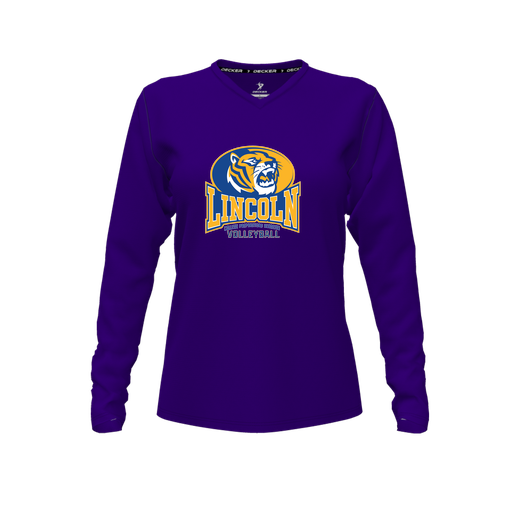 [CUS-DFW-TEES-PER-VNK-LSL-PUR-FYXS-LOGO3] Decker Performance T-Shirt (Female Youth XS, Purple, V Neck, Logo 3, Long Sleeve)